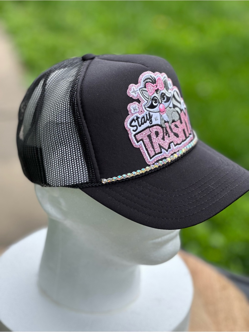 OTTO Black Trucker Hat with Pink Raccoon "Stay Trashy" Patch - Picture 3 of 3